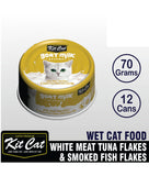 Kit Cat White Meat Tuna Flakes & Smoked Fish Flakes With Goat Milk Canned Cat Food | Perromart Online Pet Store Singapore