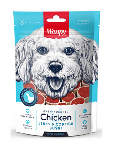 Wanpy Oven-Roasted Chicken & CodFish Sushi Treats Dog Treats 100g | Perromart Online Pet Store Singapore